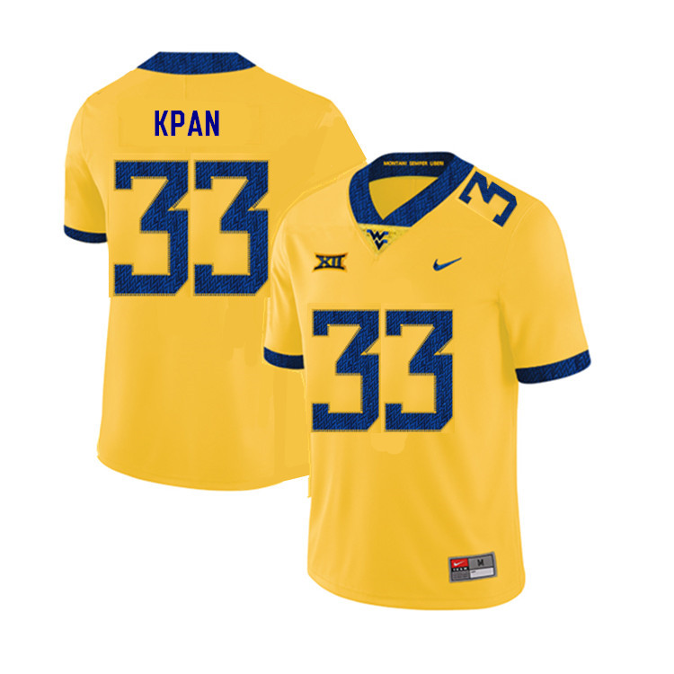 2019 Men #33 T.J. Kpan West Virginia Mountaineers College Football Jerseys Sale-Yellow